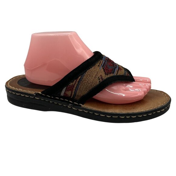 Minnetonka Womens 11 Aztec Leather Woven Thong Sandals Red Blue Boho Tribal - Picture 4 of 10